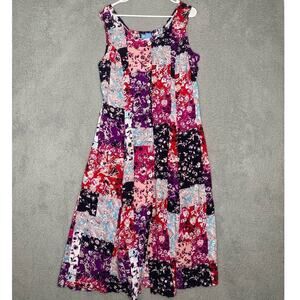 Vintage Koret button up midi dress colorful patchwork floral cottage scoop nck L
